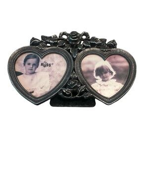 Vintage Russ Double Heart Floral Photo Frame in Silver-Black Finish